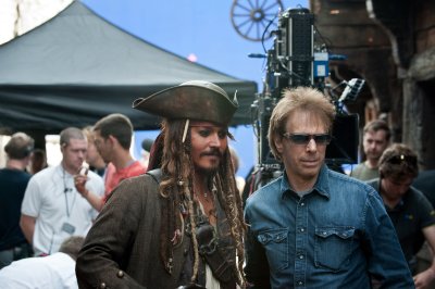 Johnny Depp and Jerry Bruckheimger on Pirates of the Caribbean set